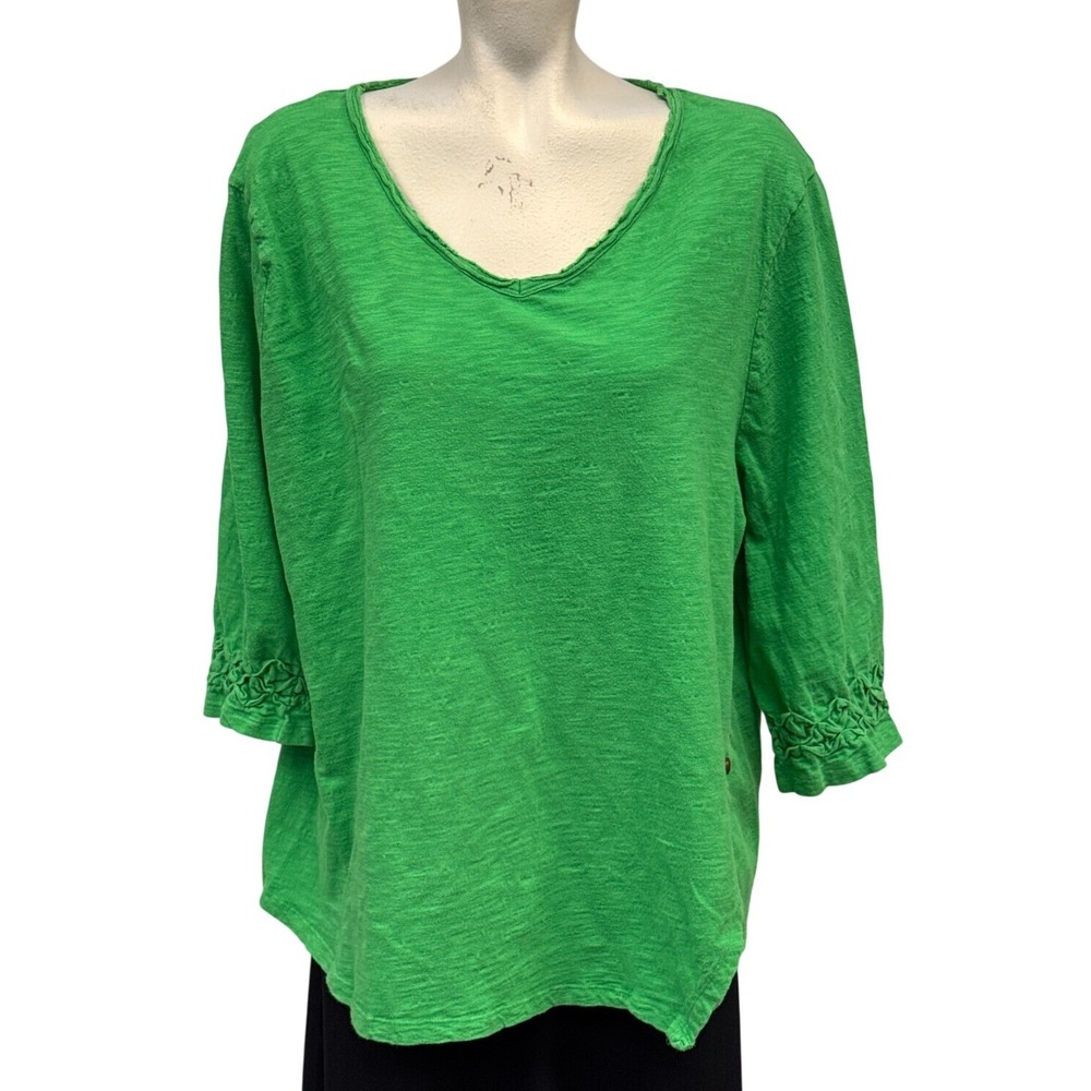 Erin London Green V Neck 3/4 Sleeve Button Side Cotton Tunic Top Plus Size 2X
